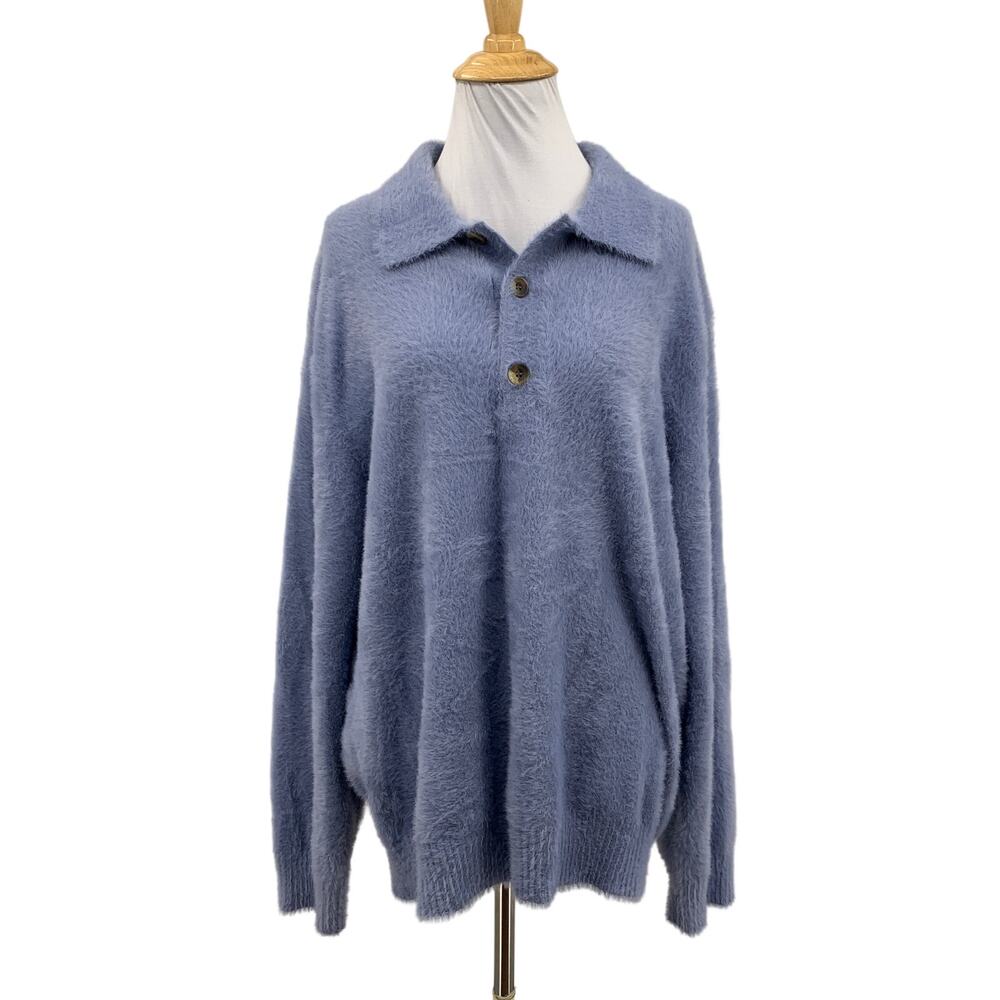 COS Sweater Womens L Large Periwinkle Saggy Textured Knit Polo Relaxed Pullover